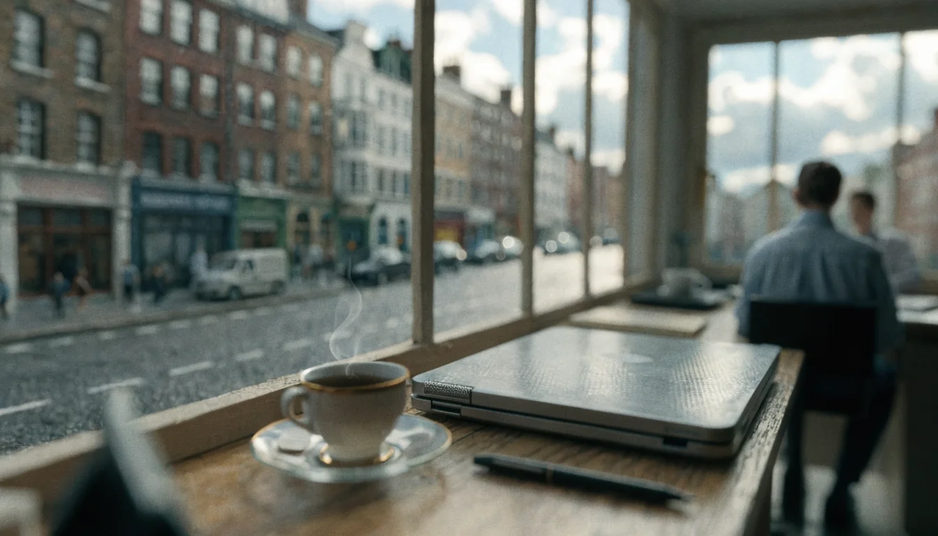 British office with desk, tea, and rainy window view
