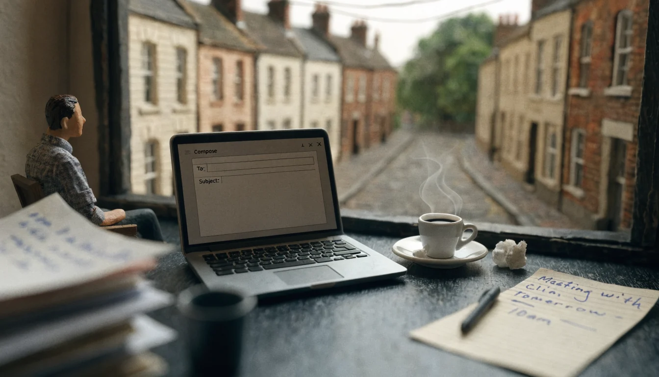 UK office desk with laptop, tea, and letter.