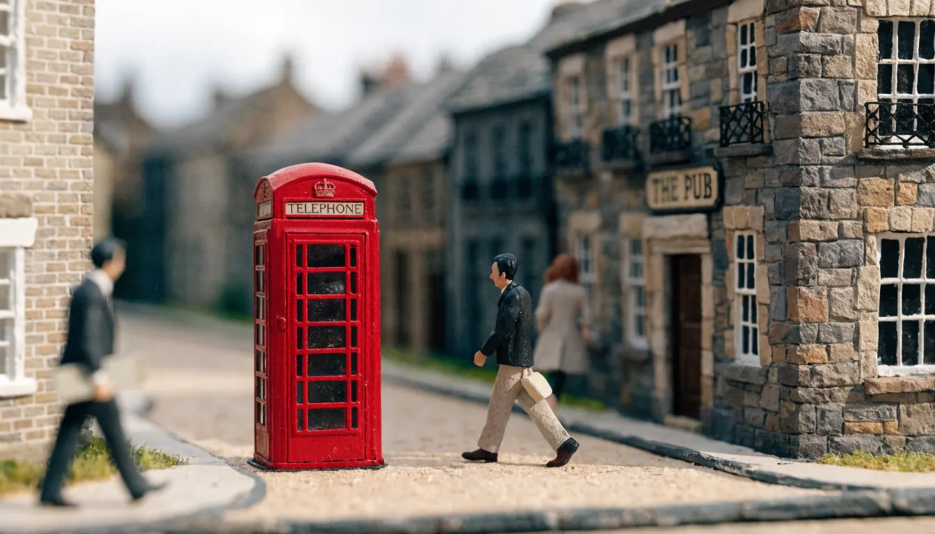British street with red phone box and stone pub