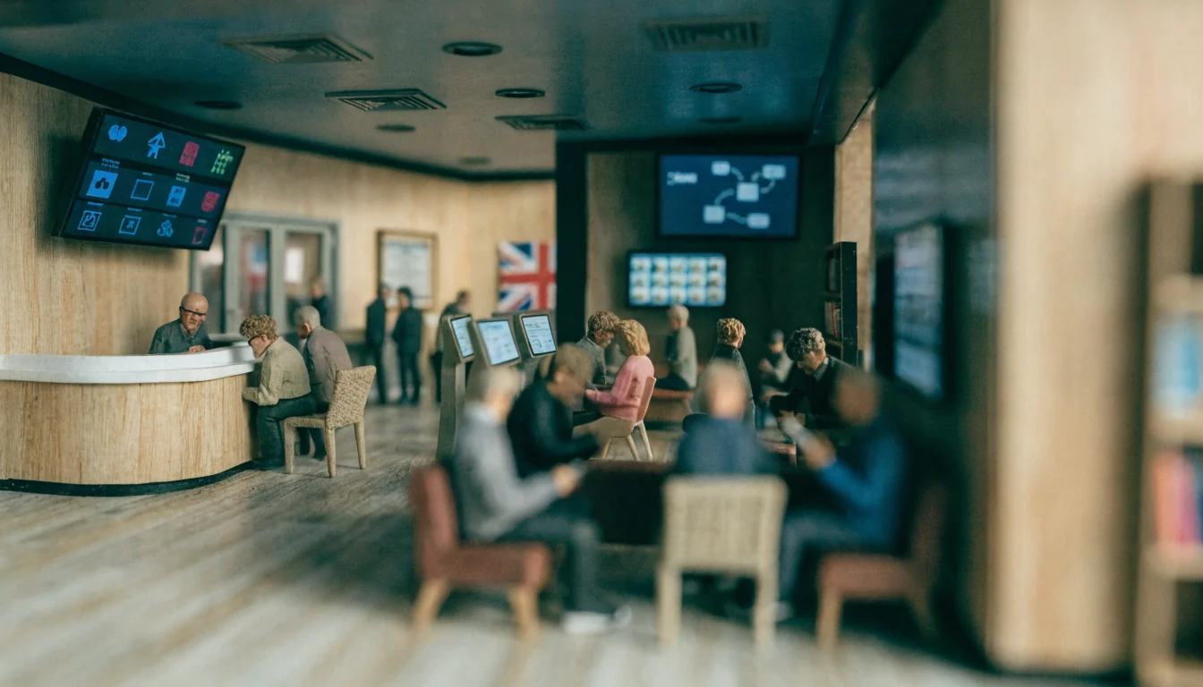 Modern UK casino lobby with digital displays and diverse players