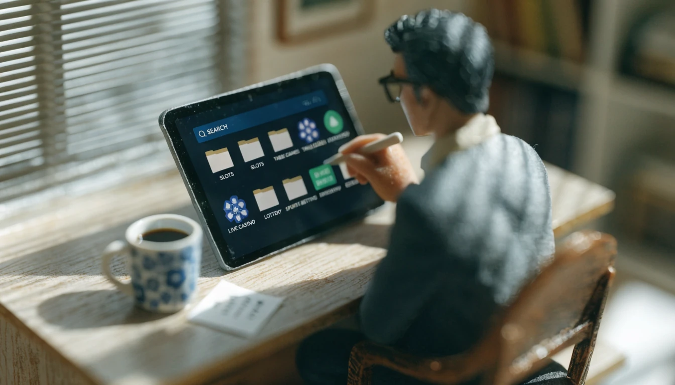Person using tablet to browse categorized casino games
