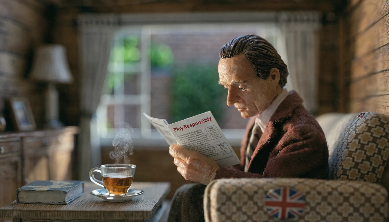 British living room with person reading responsible gambling pamphlet