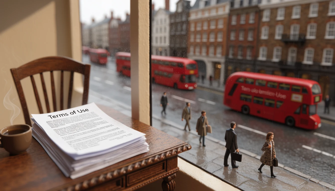 British office with legal documents and rainy city view